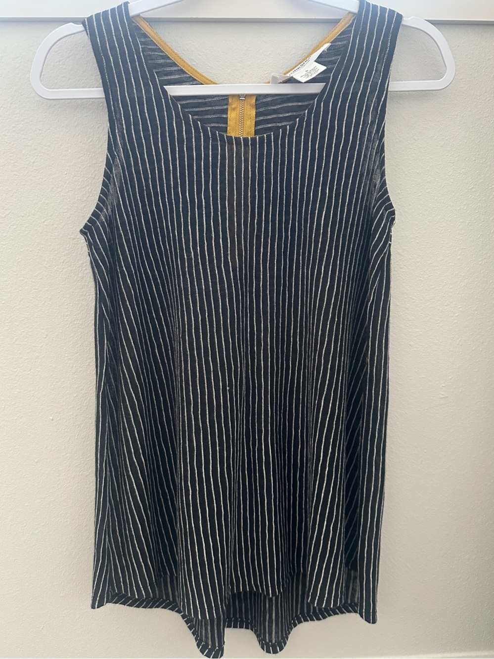 Workshop Republic Clothing Black and White Pinstripe Tank with Mustard Accent